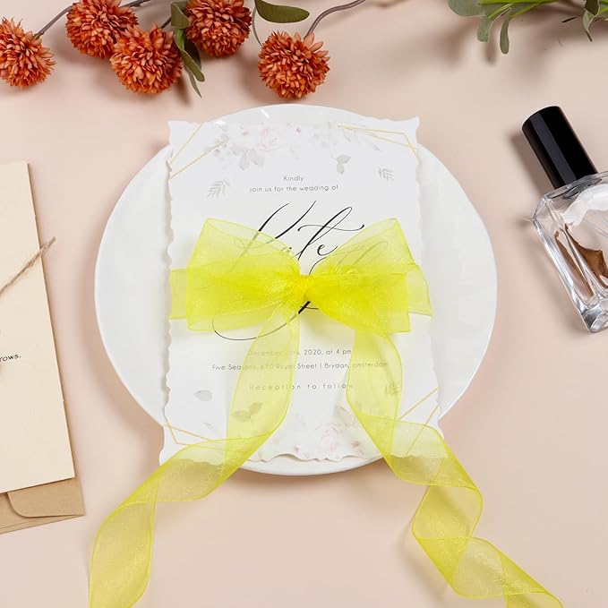 Yellow Ribbon for Gift Wrapping 1 inch Sheer Organza Ribbon for Flower Bouquet Tulle Thin Chiffon Ribbons for Wedding Invitations Presents Decorations Crafts 50 Yards