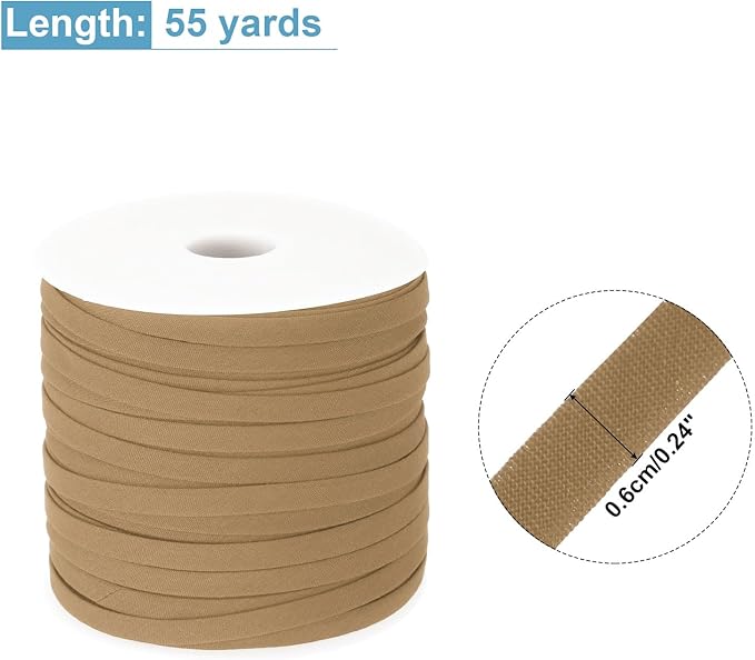 MECCANIXITY 1/4 Inch Double Fold Bias Tape Polyester Continuous Bulk Bias Tape for Sewing,Seaming Quilting Hemming Binding Crafts (Khaki 55 Yards)