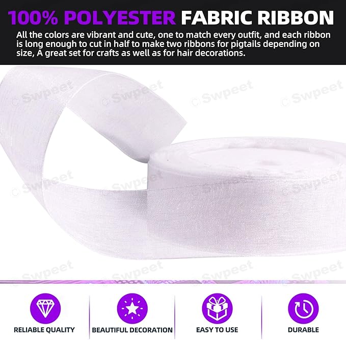 Swpeet 2 Rolls 50 Yards x 1 Inch White Shimmer Sheer Fabric Ribbons Organza Ribbon, Transparent Sheer Ribbon Chiffon Fabric Ribbons for Bouquets Wedding Birthday Decoration