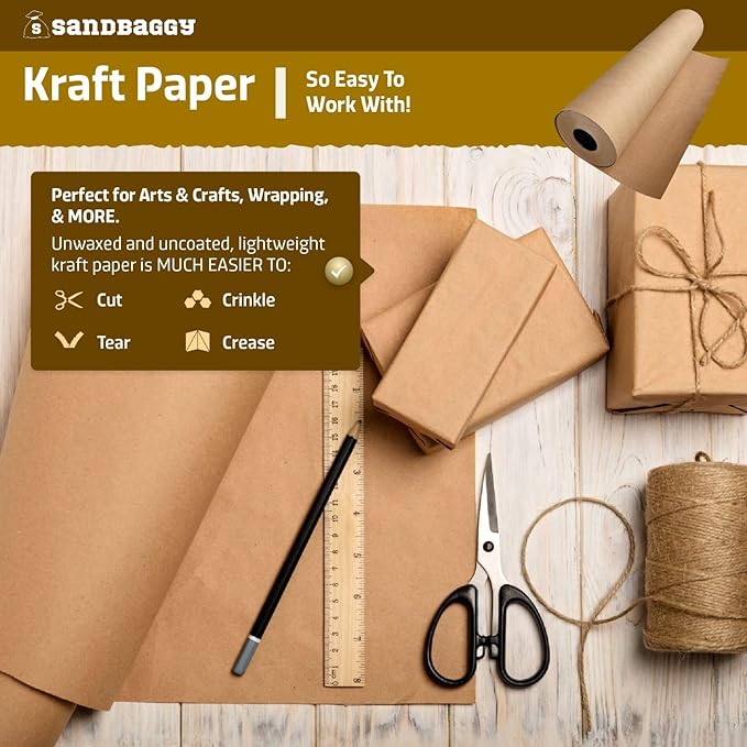 Sandbaggy Lightweight Kraft Paper Rolls - 30 lb. Recycled Paper - Shipping, Packing, Wrapping, Arts and Crafts - Made in The USA (Brown) (24 in x 1200 ft (1 roll), Brown)