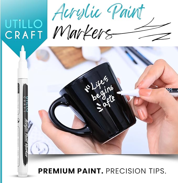Utillo Craft White Paint Pen (8-Pack) for Rock Painting, Wood, Glass, Tire, Canvas, Metal, Fabric | Extra Fine 0.7mm Tip Made in Japan | Bold Color Acrylic White Paint Markers | Perfect Art DIY Gift