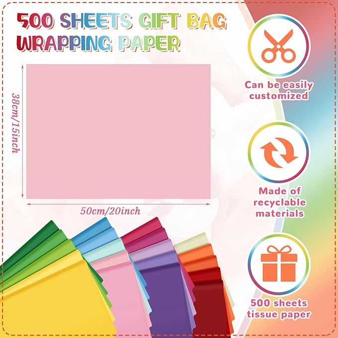 Qilery 500 Sheets Colored Rainbow Tissue Paper Bulk for Gift Bags 15 x 20 Inch Acid Free Packaging Wrapping Decoupage Paper Sheets Easter Wedding Rainbow Party Decoration DIY Flowers, Pom Poms