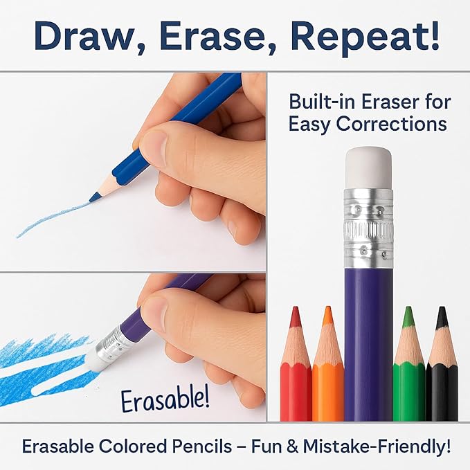 Pre-Sharpened Erasable Colored Pencils, Color Pencils with Erasers for Drawing, Sketching & Coloring, Art Supplies (24 Colors)
