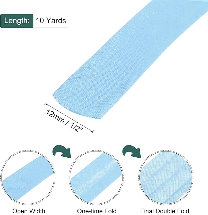MECCANIXITY 1/2 Inch Double Fold Bias Tape Polyester Continuous Bulk Bias Tape for Sewing,Seaming Quilting Hemming Binding Crafts (Light Blue 10 Yards)