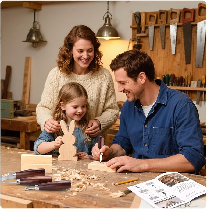 Wood Carving Kit for Beginners – 15PCS Whittling Set with 4 Carving Knives, 6 Basswood Blocks, Cut-Resistant Gloves, Polishing Tools & Storage Roll | DIY Craft Kits for Beginners