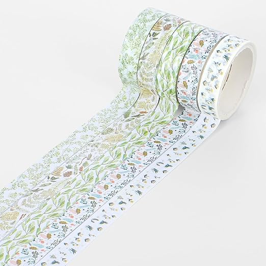 5 Rolls Cute Washi Tape, Green Floral Tape Creative Greens Thrive Decorative Tapes Skinny Slim Masking Tapes for Arts, DIY Crafts, Bullet Journals, Planners, Scrapbooking, Wrapping