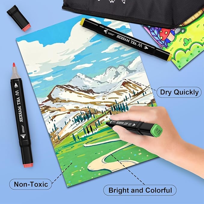 Alcohol Markers Set, 72 Colors Dual Tip Art Marker for Kids Sketching Adult Coloring, Permanent Drawing Marker with Case and Holders