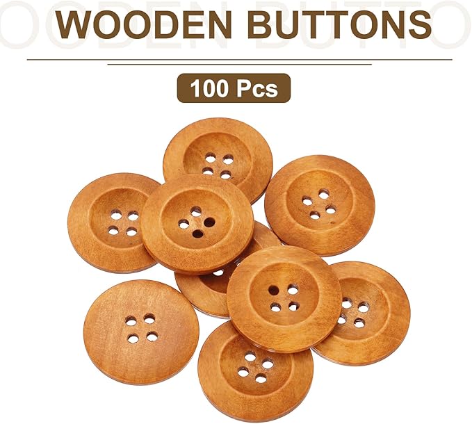 uxcell 100Pcs Wooden Buttons, 30mm(1 3/16") 4 Hole Round Wood Sewing Button Craft for Sewing DIY Craft Clothing, Light Brown