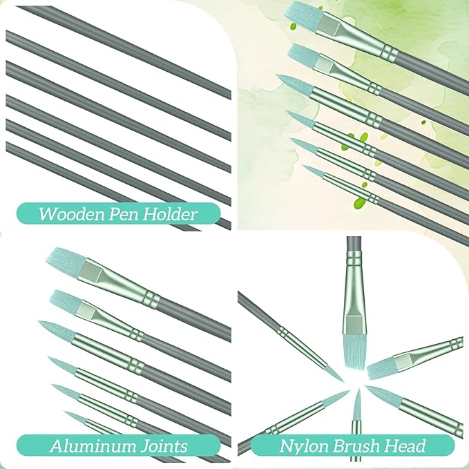 6 Pcs Nylon Hair Brushes for Paint by Number, Acrylic Paints Brush Set Watercolor Brush Oil Painting Round Flat Art Paint Brushes Kit for Beginners Adults with 2/4/6/8/10/¼ Sizes(Green)
