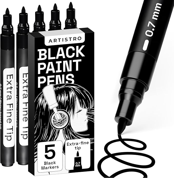 ARTISTRO 5 Black Paint Pen for Glass Marking, Rock Painting, Ceramic, Wood, Tire, Fabric, Metal, Canvas - Set of 5 Acrylic Paint Markers Water-based - Extra-fine Tip