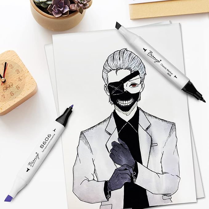 Bianyo 12 Black Alcohol Markers, Dual Tip Fine & Chisel Art Markers for Drawing, Sketching, Outlining & Highlighting