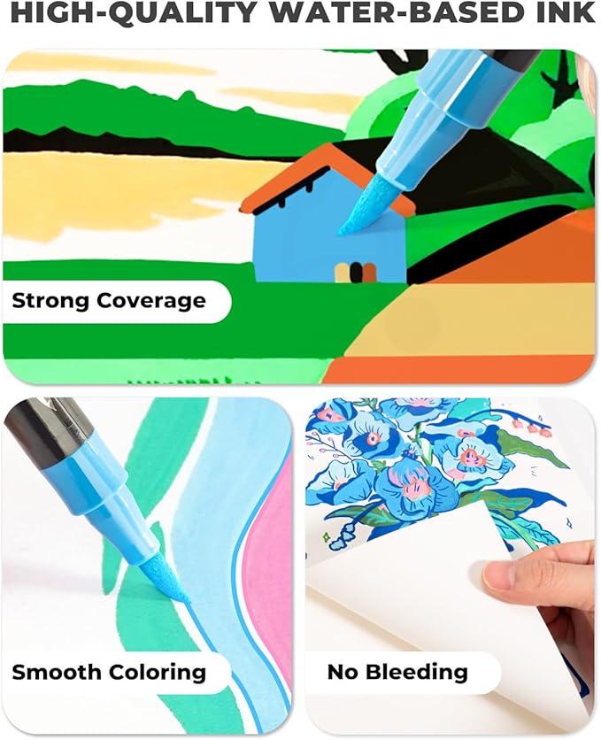 JusArt 48 Colors Acrylic Paint Markers Set with Canvas Bag, Dual Tips with Brush Tip & Fine Tip, No-Bleed, Waterproof, Non-Toxic & Odorless Paint Pens for Rock, Egg, Wood, Canvas, Glass, Ceramic, DIY
