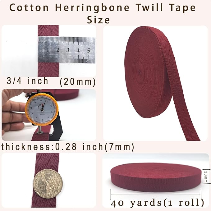 Wine Red Twill Tape 3/4 Inch Wide - 40 Yards Herringbone Cotton Webbing Bias Binding Tape for Sewing, Crafting, DIY Projects, Pet Collars, Gift Wrapping and Home Decoration