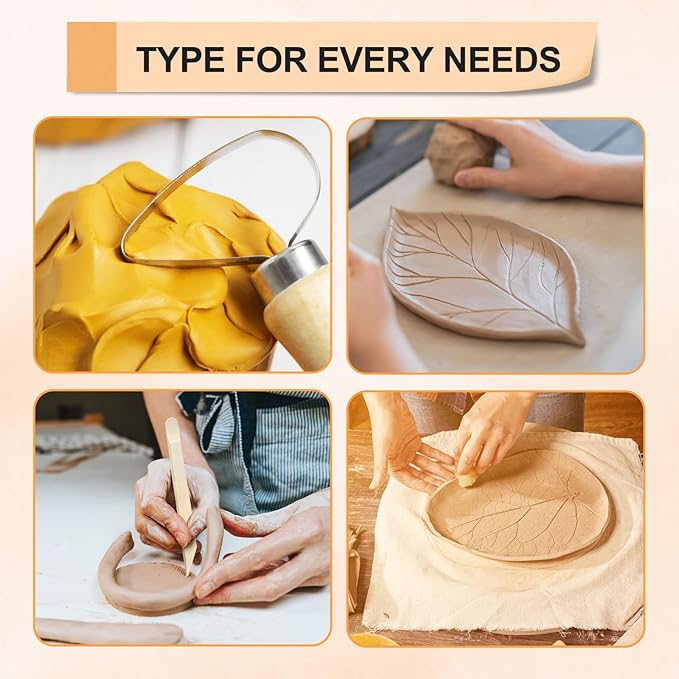 eZAKKA 8 Pcs Pottery & Clay Sculpting Tools, Double-Sided, Ceramics Tools Smooth Wooden Handles for Trimming, Embossing Pattern