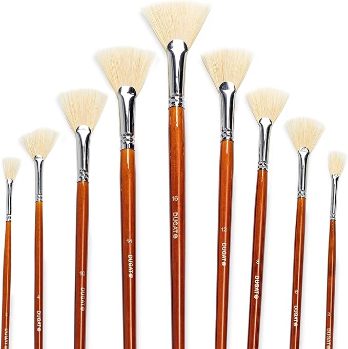 DUGATO Artist Fan Paint Brush Set of 9, White Hog Bristle Natural Hair Anti-Shedding Brush Tips, Long Wooden Handle for Comfortable Holding, Great for Acrylic Oil Painting