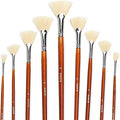 DUGATO Artist Fan Paint Brush Set of 9, White Hog Bristle Natural Hair Anti-Shedding Brush Tips, Long Wooden Handle for Comfortable Holding, Great for Acrylic Oil Painting