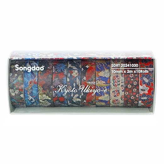 10 Rolls Ukiyo-e Style Washi Tape Set Japanese Kyoto Arts Adhesive Tapes Skinny Decorative Masking Tape Sets for Craft, Kids, Scrapbook, DIY, Gift Wrapping (Edo Elegance)