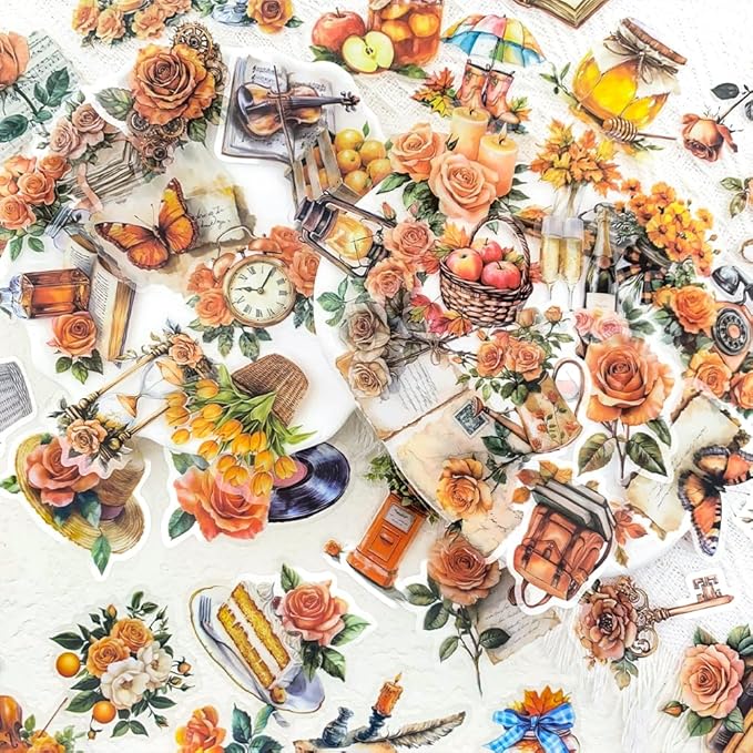 50 PCS Vintage Orange Rose Floral Scrapbook Stickers, Clear Watercolor Fall Aesthetic Stickers for Journaling, Resin Crafts, Cards, Planners, Retro Autumn Decor
