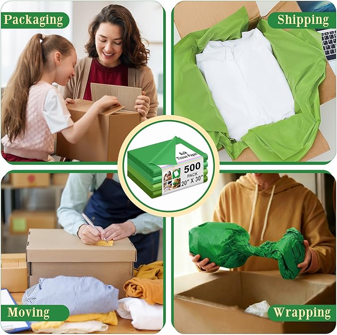 Qilery 500 Sheets Green Tissue Paper Bulk for Gift Bags 20 x 30 Inch Acid Free Wrapping Paper Sheets for St. Patrick's Day Mardi Gras Decoration DIY Crafts, Packing Supplies for Moving, Wedding Party