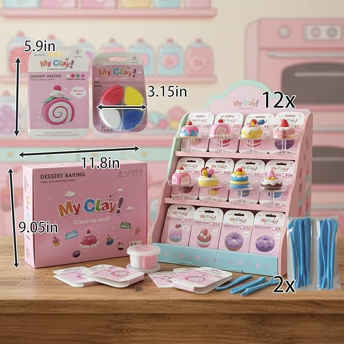 Air Dry Clay Kit for Kids, 12 Dessert Baking Modeling Clay for Kids, DIY Model Magic Clay with Tools and Tutorials, Soft&Non-Sticky, Safe&Non-Toxic Magic Clays,Creatible Art Crafts Toys Gifts