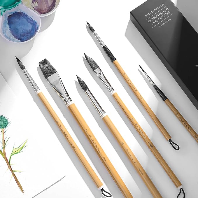 Watercolor Brush Set, Fuumuui 6Pcs Professional Mixed Squirrel Hair Bamboo Paint Brushes with Dagger Flat Round Detail for Watercolor, Acrylic, Gouache Painting