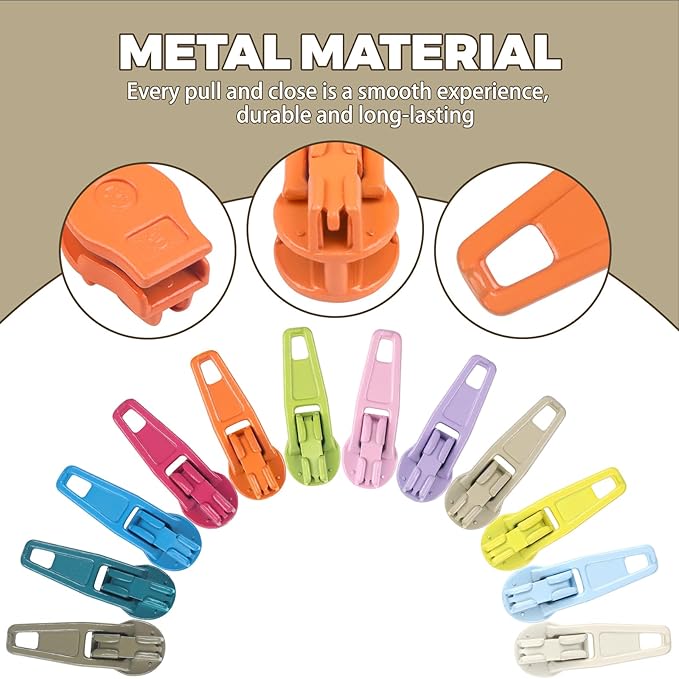 DOITEM 96Pcs Zipper Repair Kit Zipper Replacement 3# Zipper Pull Rescue Kit for Clothing Jackets Purses (12 Colors)
