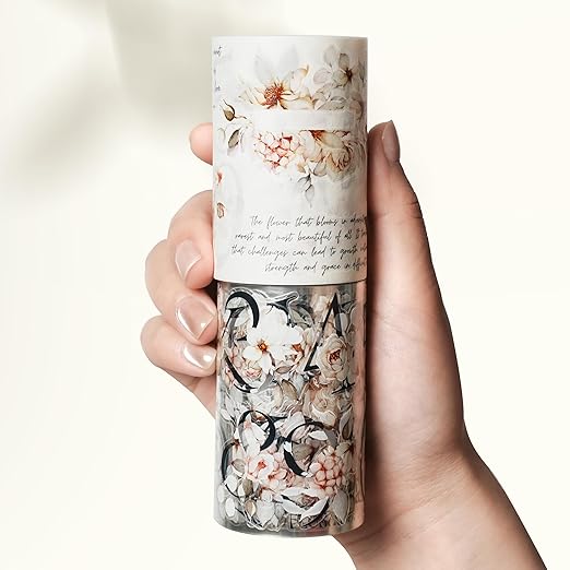 WT Pre-Cut Rosé Scripts Wide Washi Tape, Single Roll, Original Designs, Blush Floral & Handwritten Script, Japanese Decorative Paper Tape, Junk Journal Scrapbook Bujo Planner DIY Craft Supplies