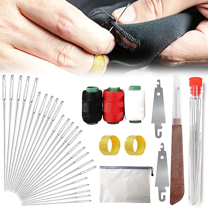 Big Eye Steel Sewing Needles Kit, 34PCS Big Eye Steel Needles Set - Long & Thin Handmade Quilting & Sewing Needles Kit, Portable Sewing Kit in Faux Leather Case, for DIY Sewing