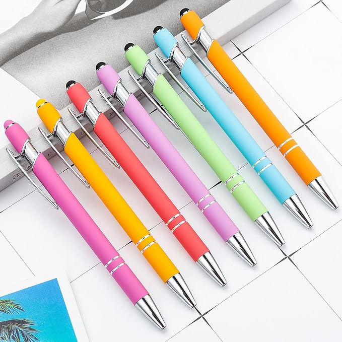 PASISIBICK 8 Pieces Ballpoint Pens with Stylus tip, 2-in-1 Stylus Retractable Ballpoint Pen, Metal Stylus Pen for Touch Screens, 1.0 mm Black Ink