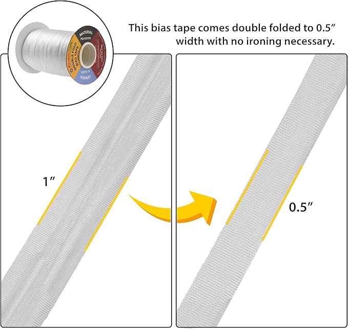 Mandala Crafts 55 Yards 1/2 Inch Metallic Silver Double Fold Bias Tape for Sewing - Bias Binding Tape for Quilting Binding, Hemming, Seam, and Fabric Piping
