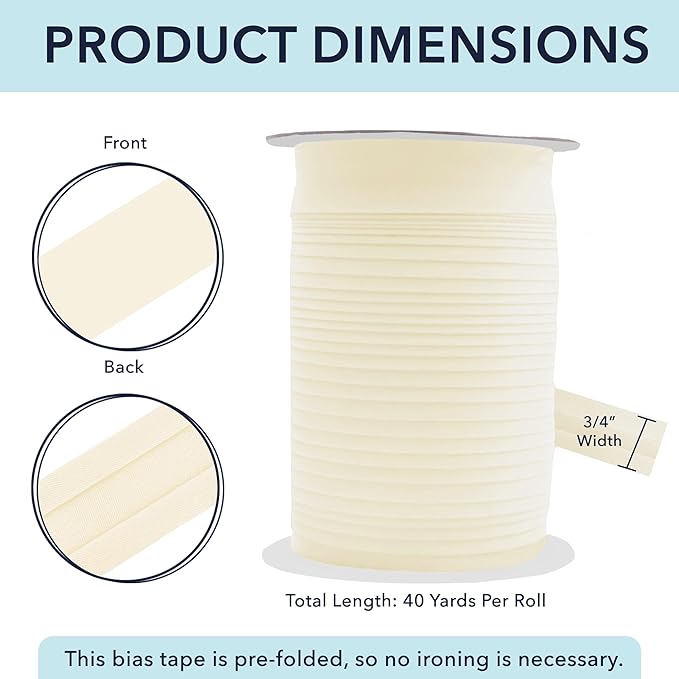 Mandala Crafts 3/4 Inch Single Fold Bias Tape for Sewing, Quilting, Piping, Hemming, Blanket & Quilt Binding – 40 Yards Cream Fabric Seam Binding Tape