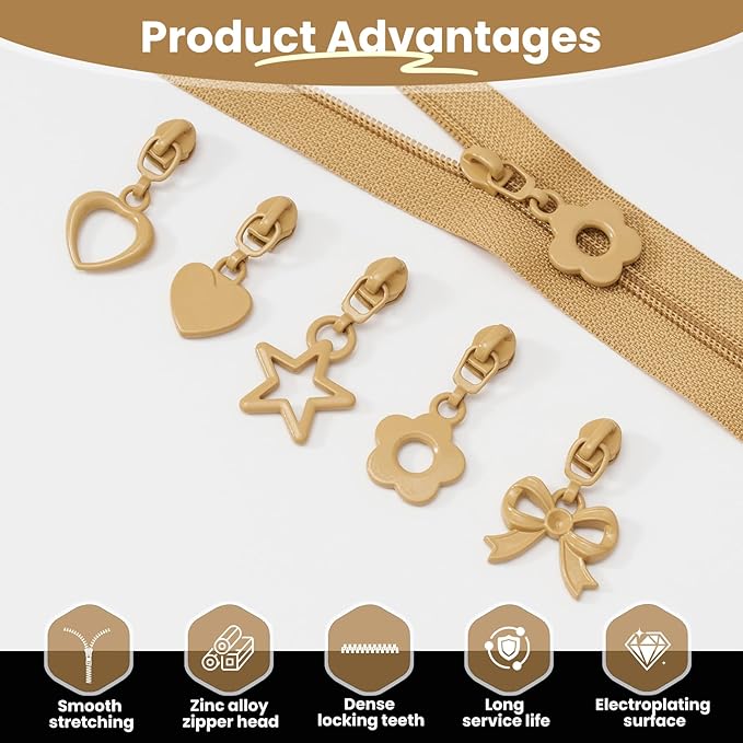 Mylbeter #3 Nylon Coil Zippers by The Yards Khaki Bulk Zippers 10 Yards with 40PCS Sliders Continuous Zipper Tape for DIY Bag Clothing Sewing Crafts Gold Pull Sliver Slider Zipper for Bags and Purses