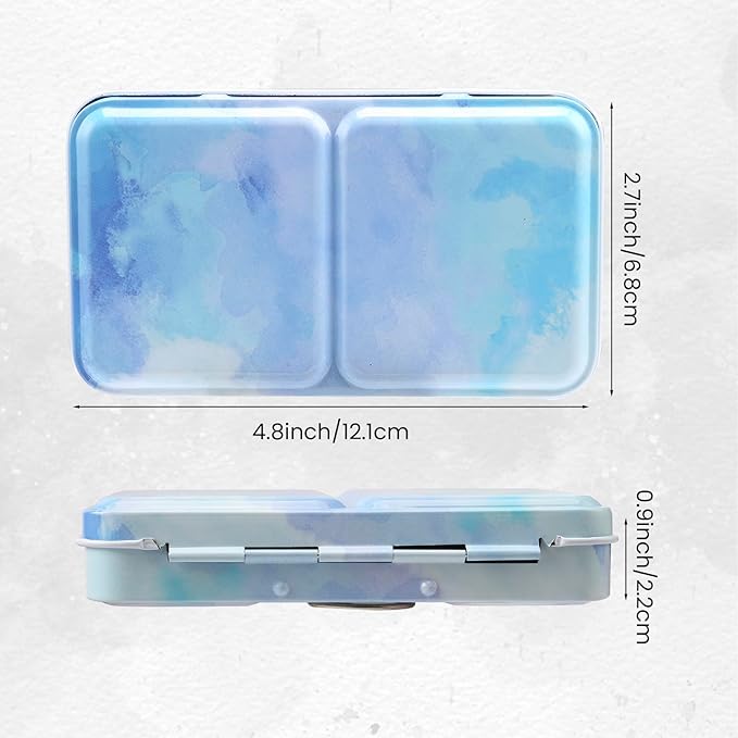 Blue Metal Watercolor Tin Palette - Empty w/ Paint Tray & 14 Half Pans - Robust & Functional - Perfect for Plein Air & Studio Painting