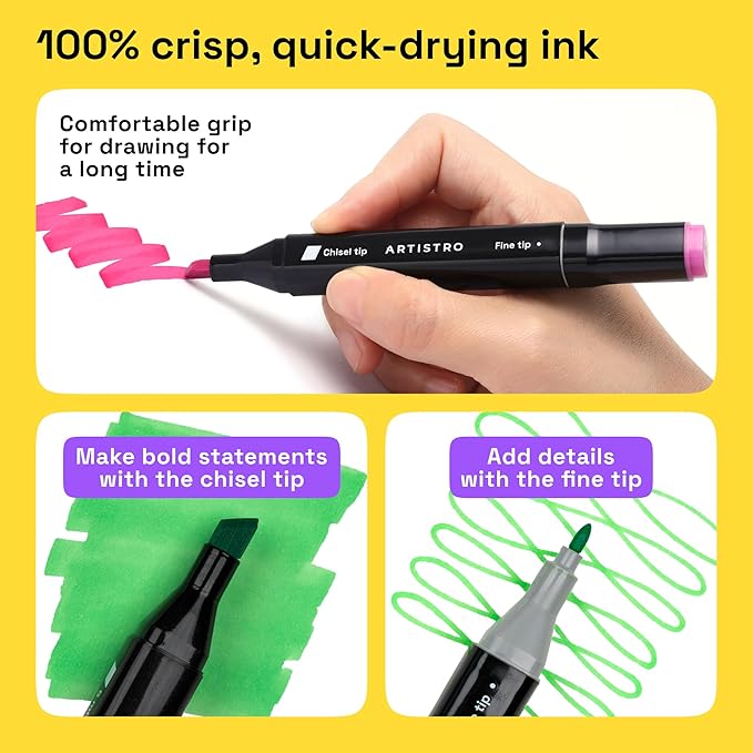 Alcohol Dual Tip Markers Set of 24 with No Bleed Ink, Bonus Case and Vibrant Fade-Resistant Colors, Art Supplies for Sketching, Manga, Drawing, Adult Coloring Books, Card Making (Fine & Chisel)