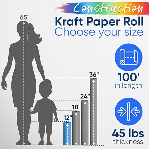 12" x 1200" (100 ft) USA-Made Multi-Color Construction Paper Rolls, 45 lbs/66 GSM, 12 Rolls – Deluxe Colored Kraft Paper for School and Art Projects, DIY, Crafts – Non-Toxic, Safe for Kids