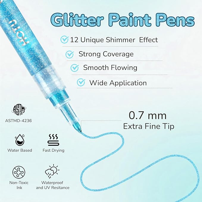 Glitter Markers Pen, 12 Glitter Colors Paint Pens Sparkly Metallic Shimmer Acrylic Marker Fine Point Tip 0.7mm Water-based Ink for Adults DIY Crafts Greeting Birthday Cards