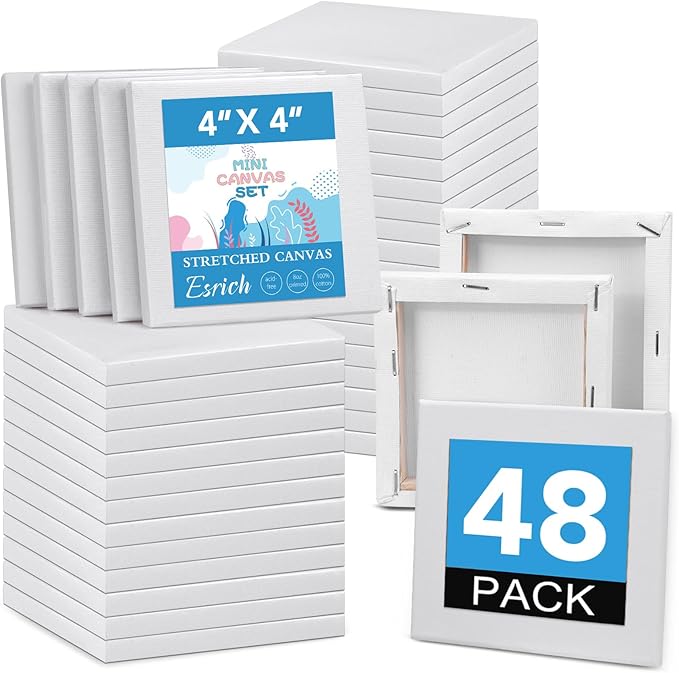 ESRICH Mini Canvases for Painting 4x4 Canvas Value Pack of 48PCS, 2/5In Thickness Small Canvas, Great for School Projects, Kids Birthday Party and Wall Decoration, White