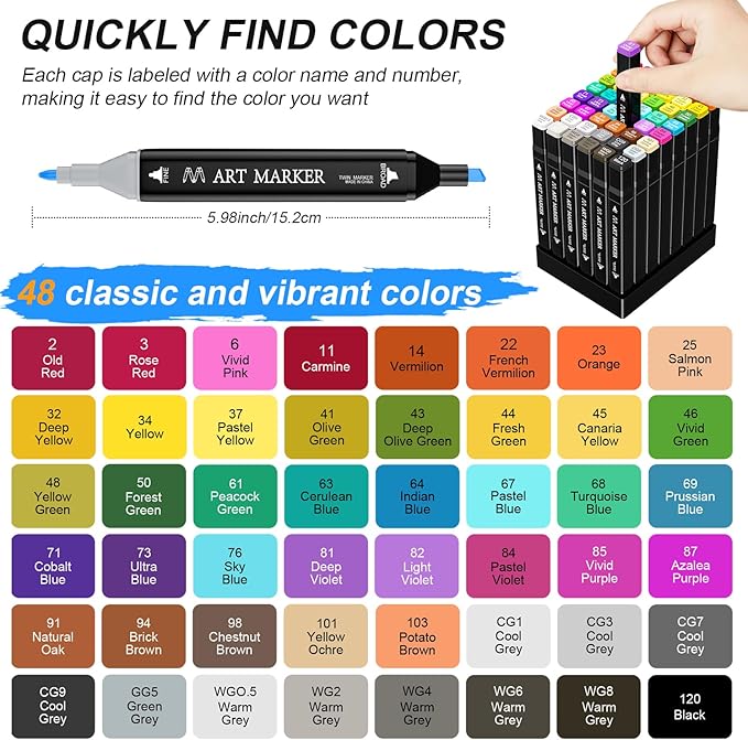 Alcohol Markers, 48 Colors Dual Tip Art Markers Set for Kids Adult Coloring, Sketching Drawing Permanent Coloring Marker, Alcohol Based Marker Artist Pens With Carry Case (48)