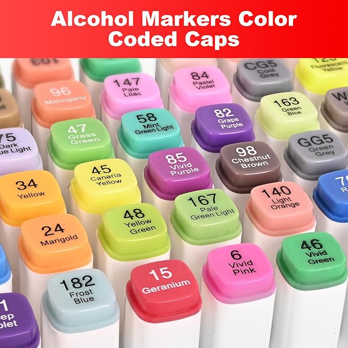 Alcohol Markers Set 100 Colors, Dual Tips Coloring Art Markers Set with Case & Holders, Chisel & Fine Artist Sketch Pens Art Supplies for Adult Coloring Books, Drawing, Painting, Sketching