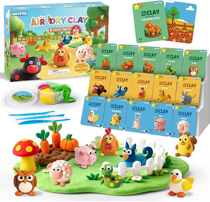 BEIREG Air Dry Clay for Kids - 15Pcs Farm Animals & Vegetables with Tutorial Scence Card, Ultra Soft, Safe Non-Toxic, DIY Modeling Magic Clay, School Projects Party Favors for Boys Girls Ages 3-12