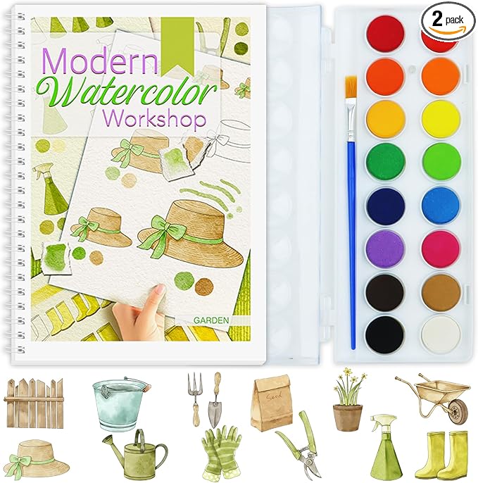 Beginners Watercolor Workbook for Adults -Step-by-Step Coloring Book Set-12 coloring book pages - Includes 16 color blocks and a brush - Professional Watercolor Paper: 300gsm/140lb (Garden)