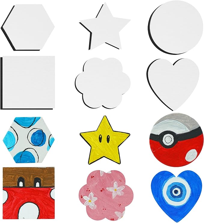 AUREUO Magnetic Mini Canvas Boards for Christmas Painting - 3 Inch 12 Pack Square, Hexagon, Circle, Star, Heart & Flower Shape Craft Art Gift, Tiny Painting Canvas Panel for Acrylic Paint & Markers