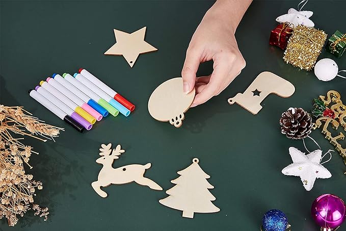 Artmag 50pcs Unfinished Wooden Hanging Ornaments for Christmas Decorations,5 Styles DIY Wood Slices with Holes for Crafts Centerpieces Holiday Hanging Decorations