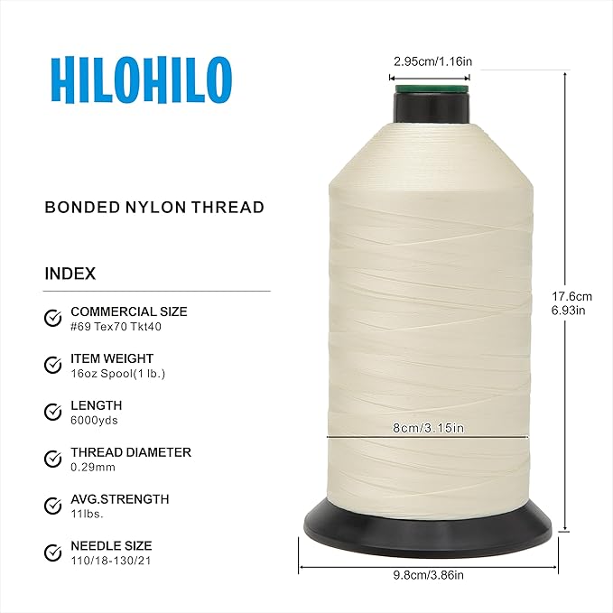 Extra Strong Bonded Nylon Thread #69 Tex70 – 16 OZ, 6000yds, Versatile Stitching Solution for Leather, Upholstery, Canvas Repair and More (Ivory)