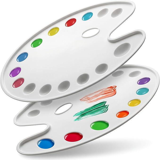 DUGATO Large Oval Paint Palettes (2 Pack, 14x10.5 inches) - 14-Well Plastic Mixing Trays for Acrylic, Oil, Watercolor & Gouache - Artist Supplies