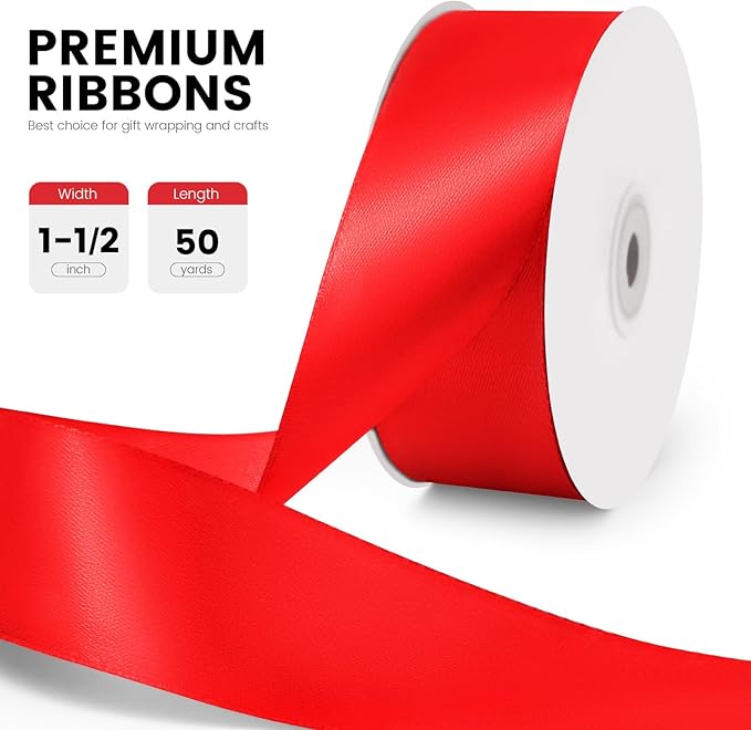 1-1/2" x 50 Yards Satin Ribbon - Red Silk Ribbon with Spool - Ideal for Gift Wrapping, Floral Bouquets, Crafts, Wedding Party Decorations, Christmas and Sewing Projects