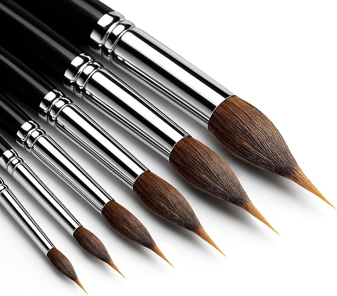 Watercolor Brushes Set, 6Pcs Extended Needle Point Brushes Synthetic Extra Pinhead Brush for Fine Detailing, with Belly Reservoir for Continuous Painting & Broad Washes Great for Artists