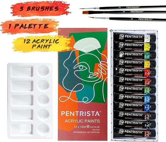 Heavy Body Acrylic Paint Sets, 12 Colors 12ml/0.41 fl.oz Art Paint Tubes with 3pcs Brush + Palette,Non-Toxic Artist Acrylic Paints for Adults,Beginners on Canvas Rocks Wood Fabric Craft