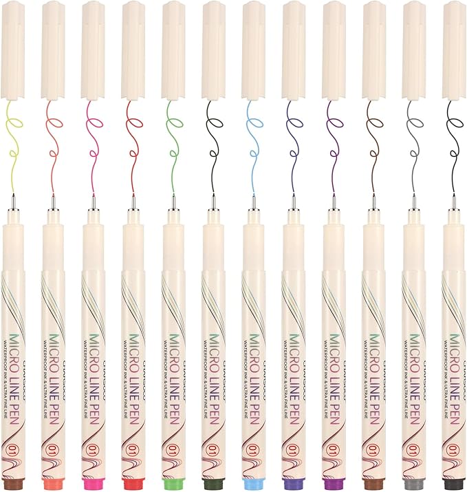 01 Micro Fine Point Pen Set - 12 Waterproof Archival Ink Colors, 0.25mm Fineliner Pens for Art Illustrations, Sketching, Anime, Manga, Technical Drawings & Scrapbooking