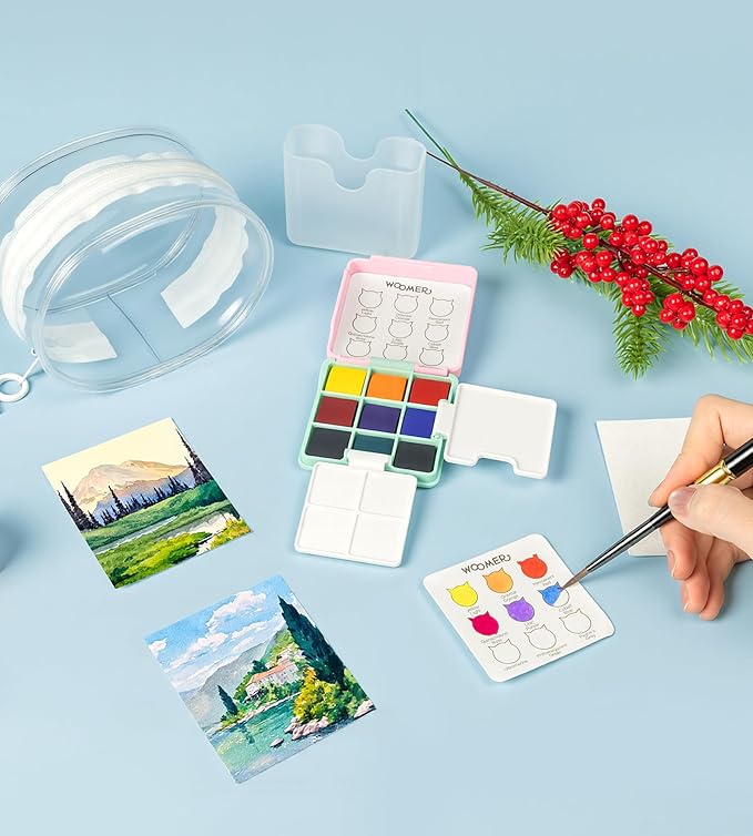 Woomer Travel Watercolor Paint Sets - 9 Pigment Colors, All-In-One Kits (Pouch, Brush, Cardstock), Bulk Watercolor Sets for Studios & Gifting